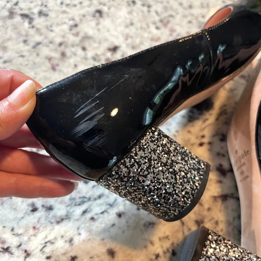 Kate Spade‎ Pumps Womens 8.5 Black Patent Leather Glitter Block Heel Almond Toe